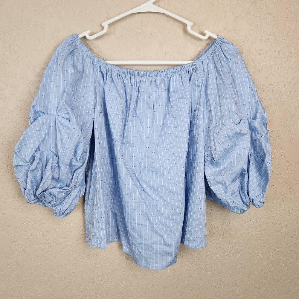 Cece Blue and White Striped Bubble Sleeve Crop Top XS (7393)